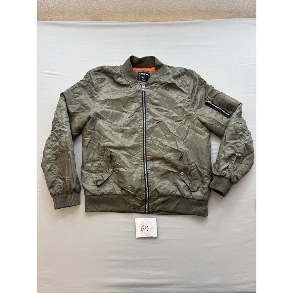 CARBON Mens Olive Green Bomber Jacket Quilted Lined MA-1 Style Full Zip Large